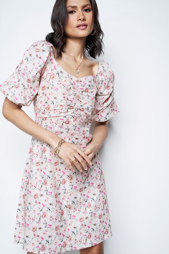 Cream And Red Floral Flared Dress, Cream, image 3